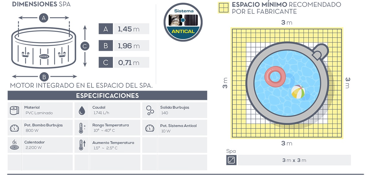 Purespa Greywood Masaje Burbujas Deluxe 196x71 cm Intex 28440Ex